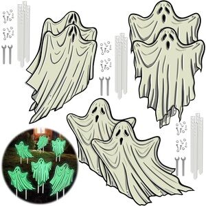 3 pack Glow in the Dark Metal Lawn Ghosts w Stakes Unique Tombstone Designs